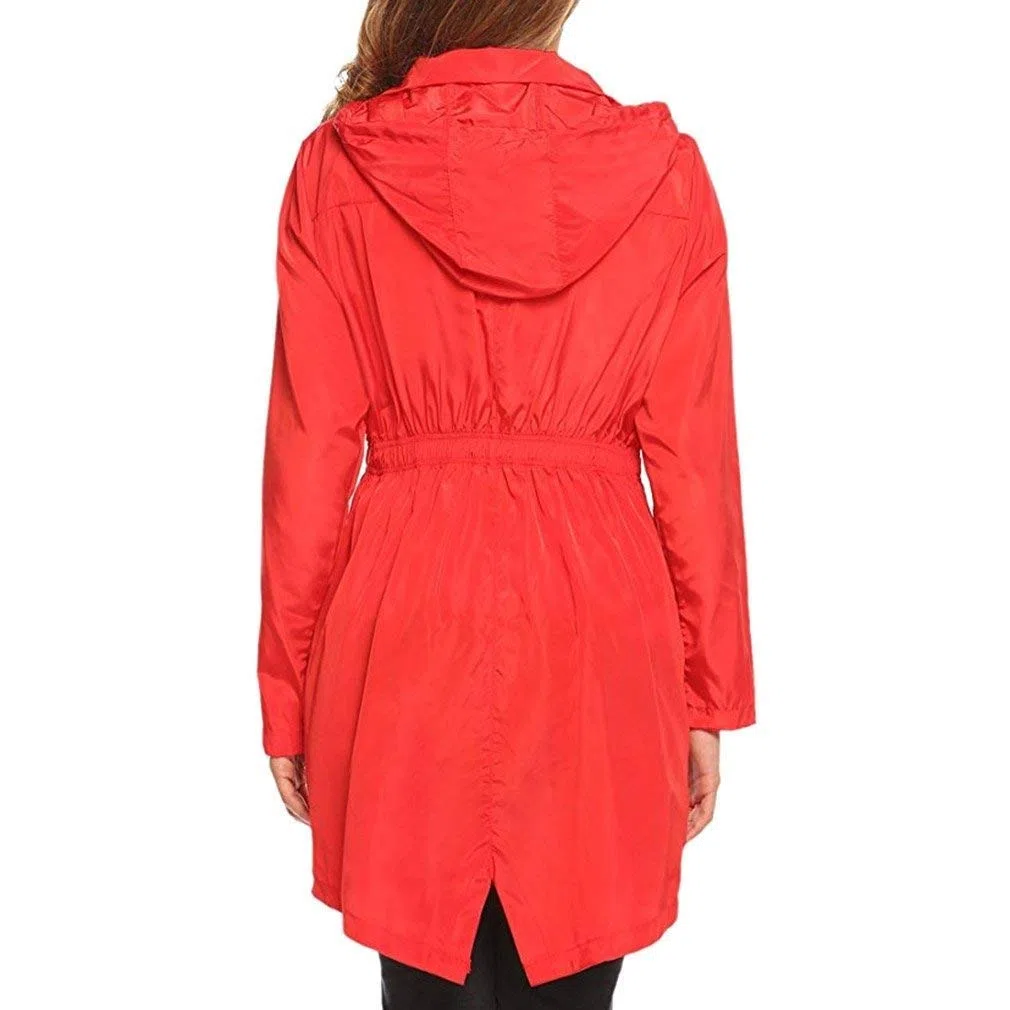 Huixin Lekki damski płaszcz podróżny, wodoszczelny płaszcz damski, moda damska, długi z kapturem, na wędrówki, płaszcz przeciwdeszczowy, kurtka outwear, czerwony, M