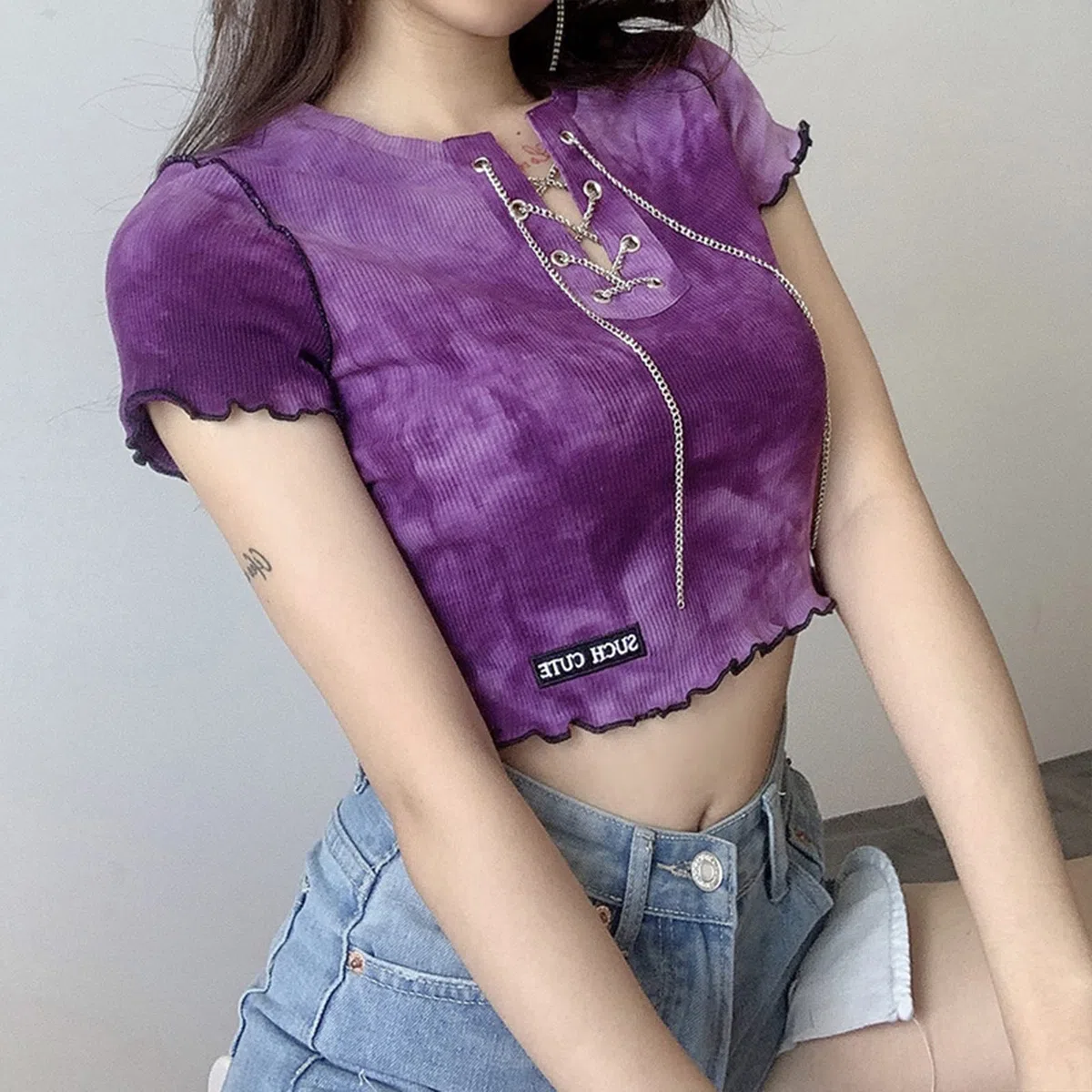 Damskie Crop Tops Eversoft Falbanki T-shirty z krótkim rękawem, nadruk T-shirty z okrągłym dekoltem, lekkie, wygodne