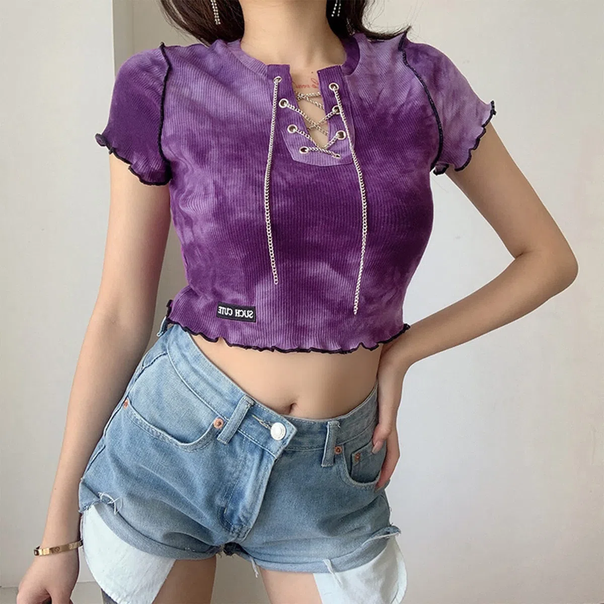 Damskie Crop Tops Eversoft Falbanki T-shirty z krótkim rękawem, nadruk T-shirty z okrągłym dekoltem, lekkie, wygodne
